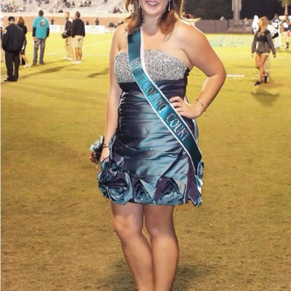 Teal and Silver Strapless Fit Mini Prom Dress